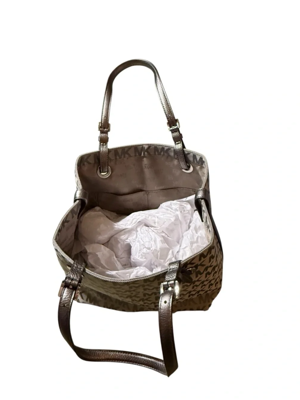 MICHAEL KORS NWT Jet Set Grab Bag Tote MK Logo Jacquard Gray/Ebny/Lug MSRP $248